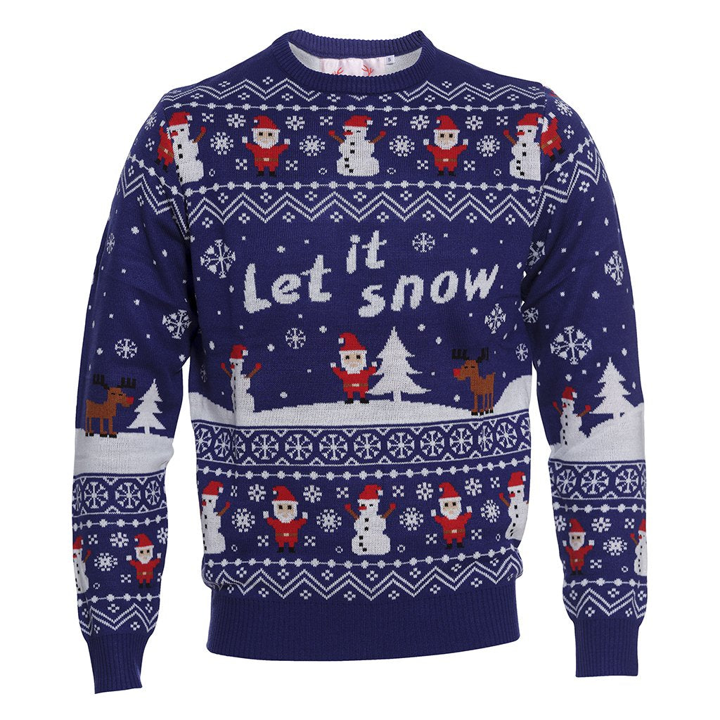 En blå julesweater med julemønster.